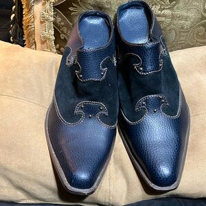 Navy Blue Western Cowgirl Style Mule Shoes Slip-on Heels with Black Suede Detail